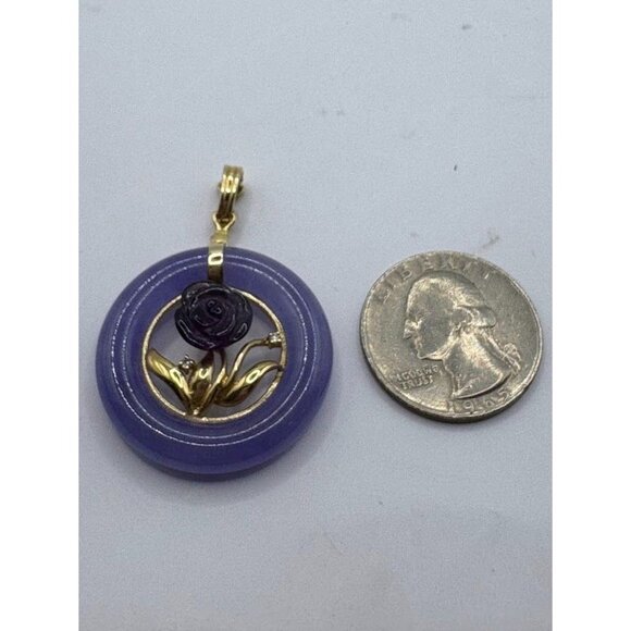 Vintage EA 14K Yellow Gold Amethyst Diamond and Lavender Jadeite Jade Pendant - Picture 7 of 9
